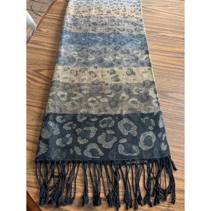 Black and gold leopard look scarf with black fringe